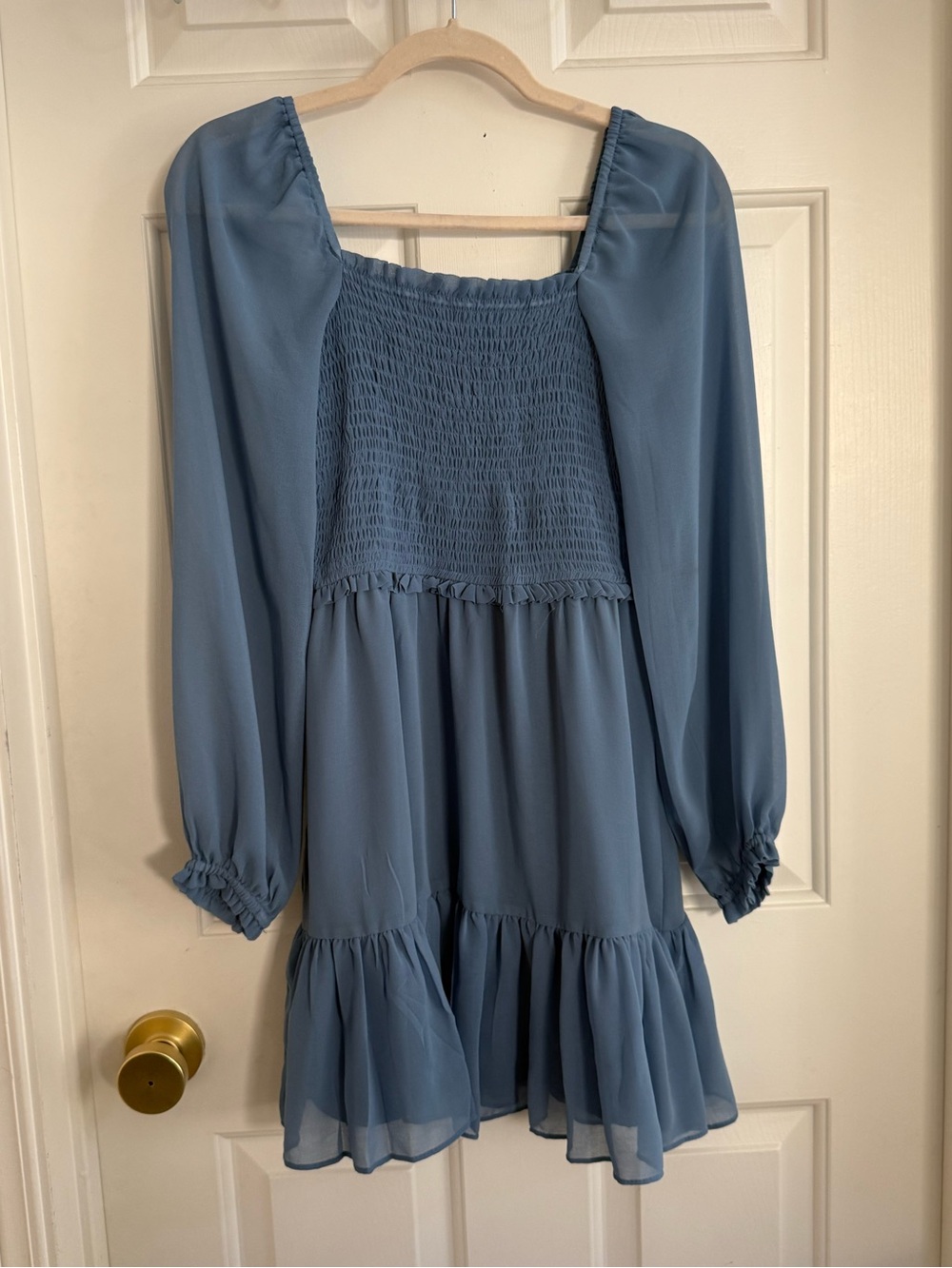 1 State Blue Smocked Bodice Tiered Long Sleeve Dress